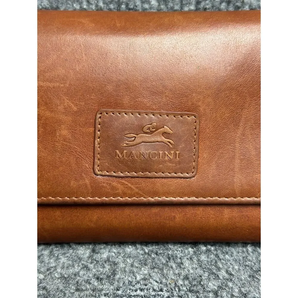 Mancini RFID Casablanca leather trifold wallet cognac brown horse logo clutch